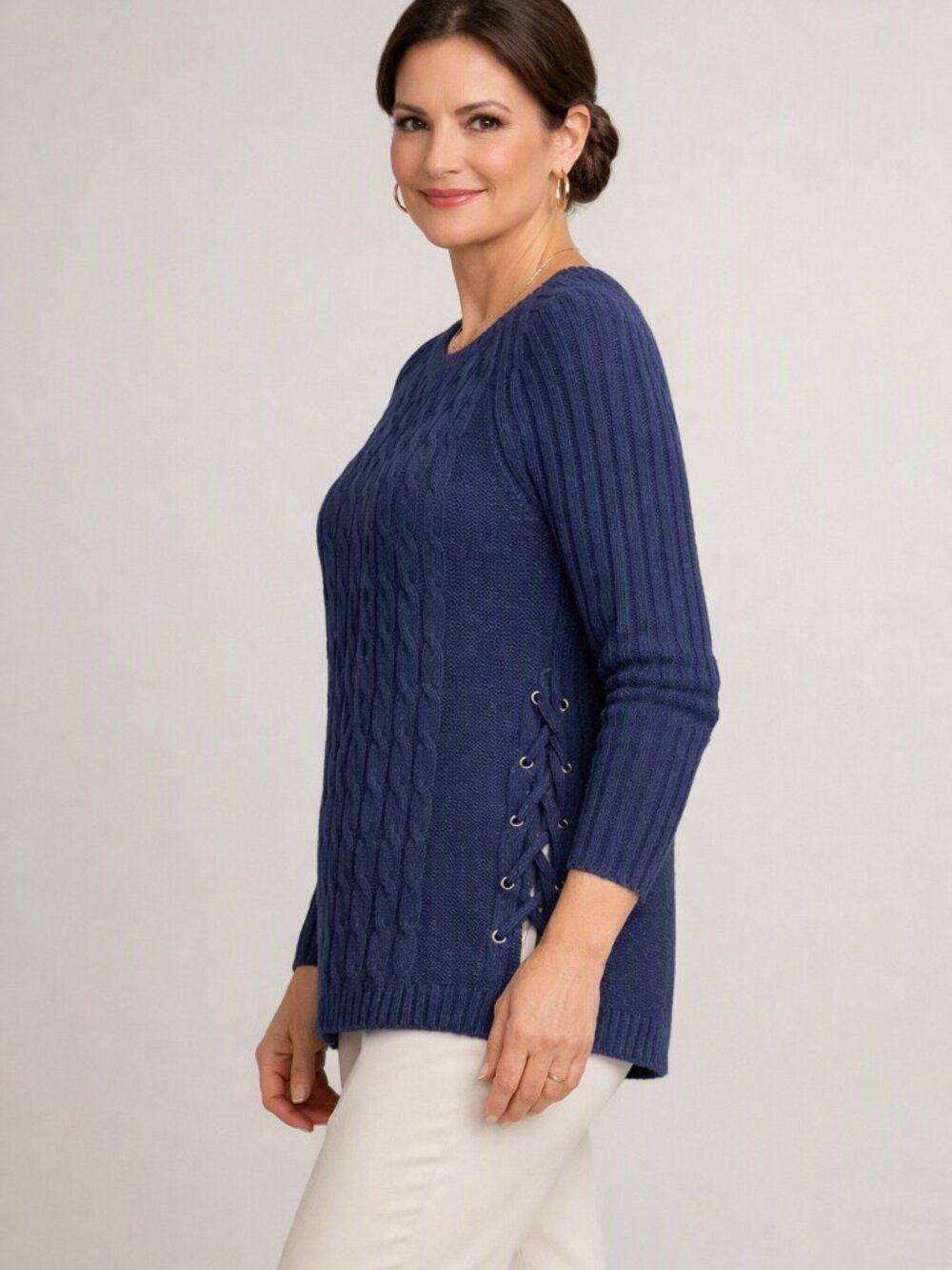 Alya Cable Knit Sweater Heathered Navy Blue Size L
